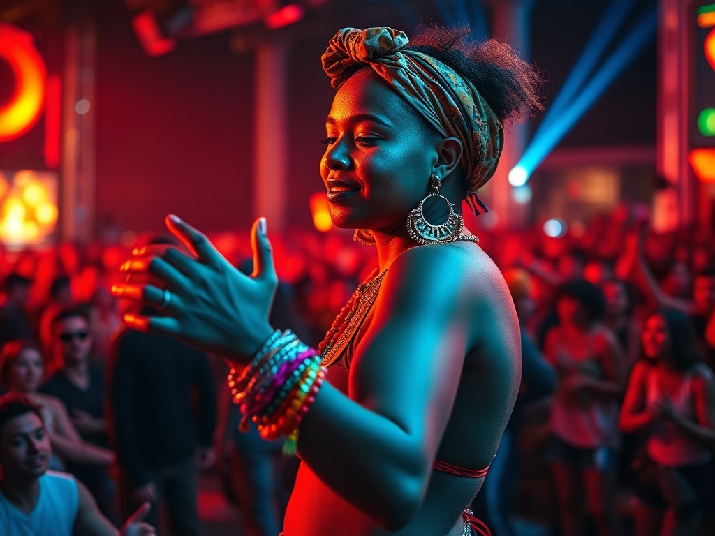 O femeie dansează într-un club aglomerat, iluminat în nuanțe roșii, cu accesorii colorate și un zâmbet radiant.