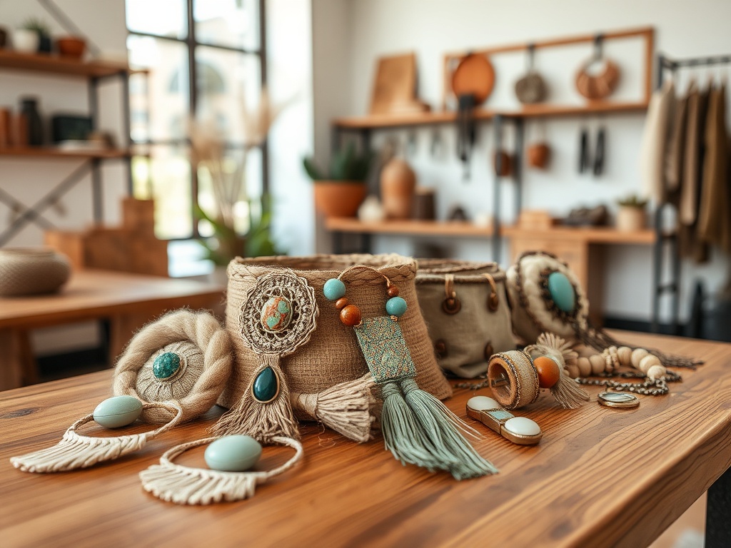 Bijuterii artisanale expuse pe o masă din lemn, cu diverse stiluri și culori, într-un spațiu luminos.