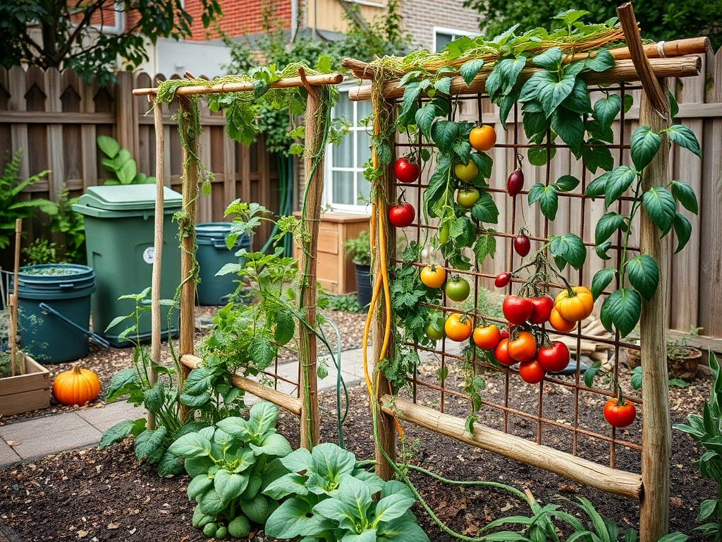 Grădină cu roșii de diferite culori, plante verzi și o dovleac, toate într-un spațiu plăcut și bine întreținut.