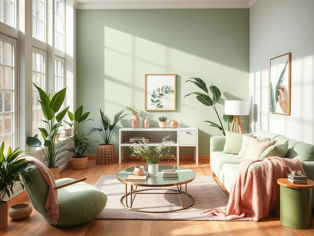 Un living modern, cu pereți verzi, canapea confortabilă și plante, lumină naturală și decorațiuni minimaliste.