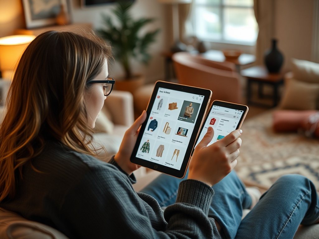 O femeie stă pe canapea, folosind un tablet și un telefon pentru a naviga pe un site de cumpărături online.