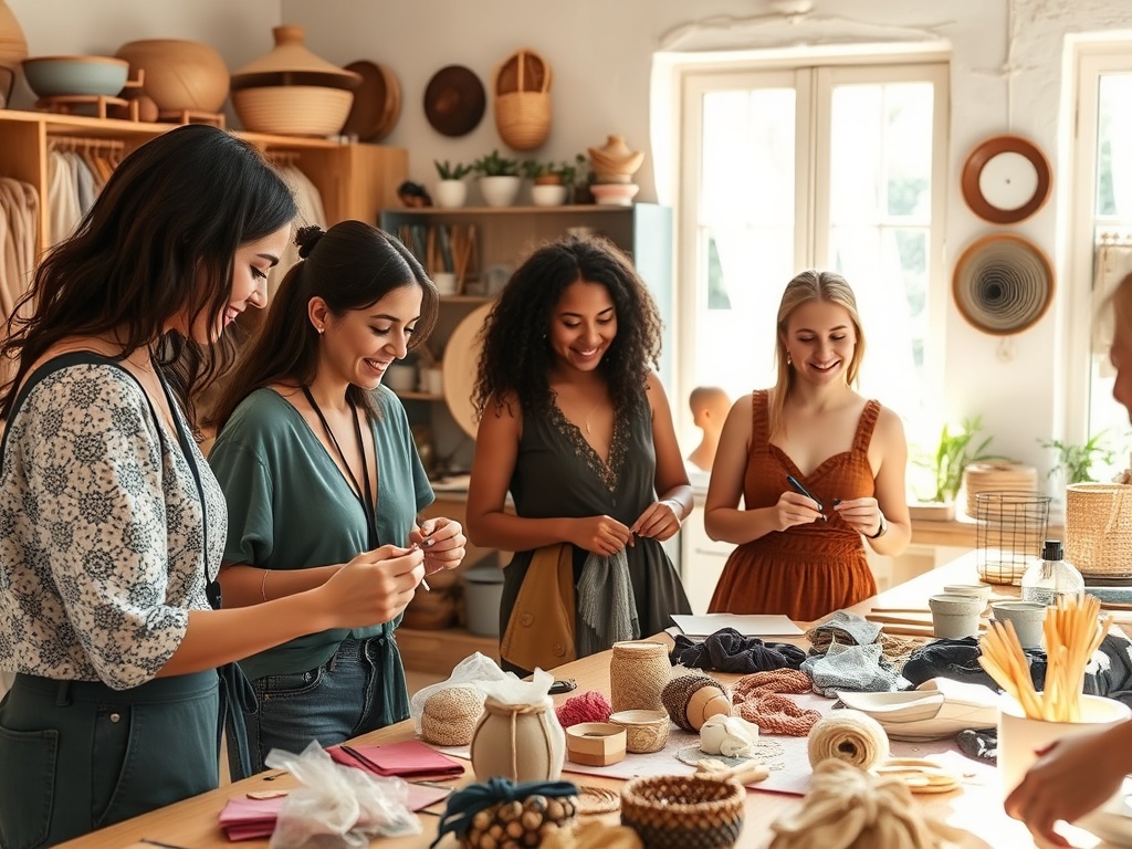 Patru femei lucrează împreună într-un atelier, folosind diverse materiale pentru a crea artizanat.